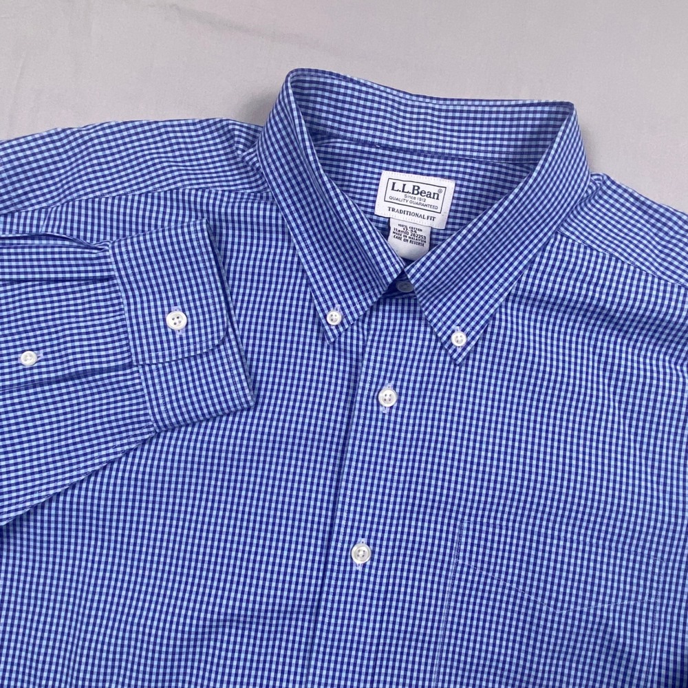 LL Bean Traditional Fit Button‎ Down Shirt Mens 17-34 Blue Gingham Cotton Office